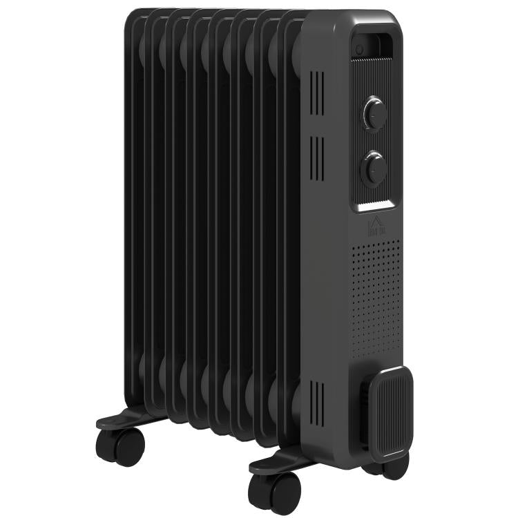 2000W Oil Filled Radiator, 9 Fin, Portable Electric Heater with 3 Heat Settings, Safety Cut-Off and Wheels, Grey