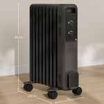 2000W Oil Filled Radiator, 9 Fin, Portable Electric Heater with 3 Heat Settings, Safety Cut-Off and Wheels, Grey