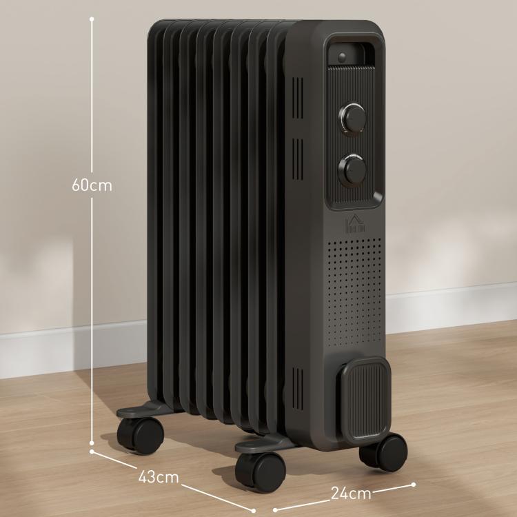 2000W Oil Filled Radiator, 9 Fin, Portable Electric Heater with 3 Heat Settings, Safety Cut-Off and Wheels, Grey