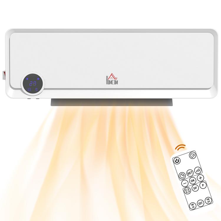 Wall Downflow Heater 2 Heat and Fan 1000W/2000W, Electric Space Heater with Timer Remote Oscillating, for Bedroom Home Office, White