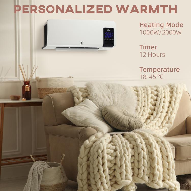 2000W Wall-Mounted Heater, 18-45 DegreesC Temperature, White