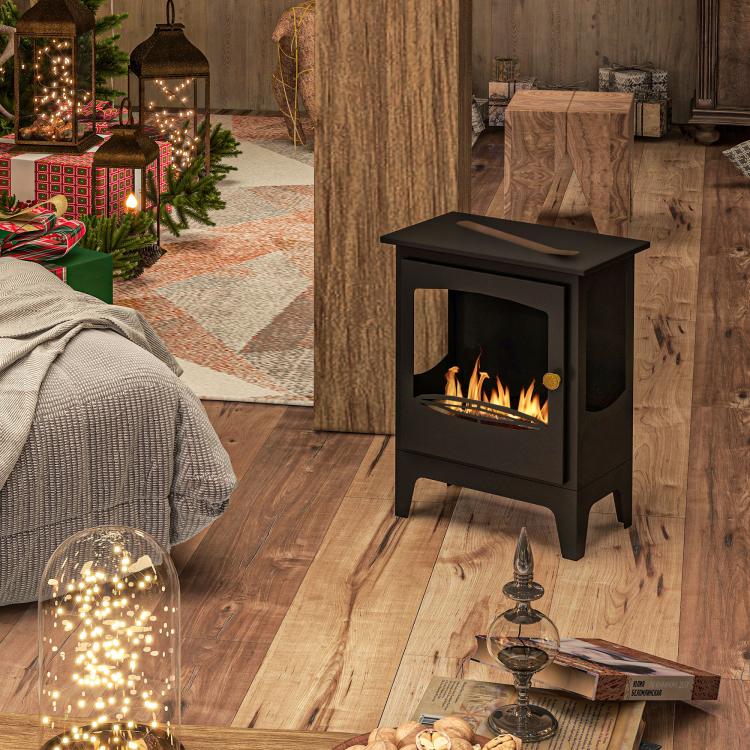 Freestanding Ethanol Fireplace, Steel Bioethanol Fireplace with Stainless Steel Flame Snuffer, 0.9L Tank, 3 Hours Burning Time for Indoor, Black