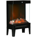180 Degrees Charming Electric Fireplace Heater, Quiet Freestanding Stove with LED Flame Effect, 3-Sided Tempered Glass Panels, Level-less Temperature Control, Overheat Protection, 1000W/2000W, Black