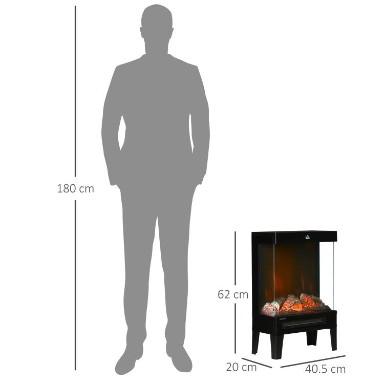 180 Degrees Charming Electric Fireplace Heater, Quiet Freestanding Stove with LED Flame Effect, 3-Sided Tempered Glass Panels, Level-less Temperature Control, Overheat Protection, 1000W/2000W, Black