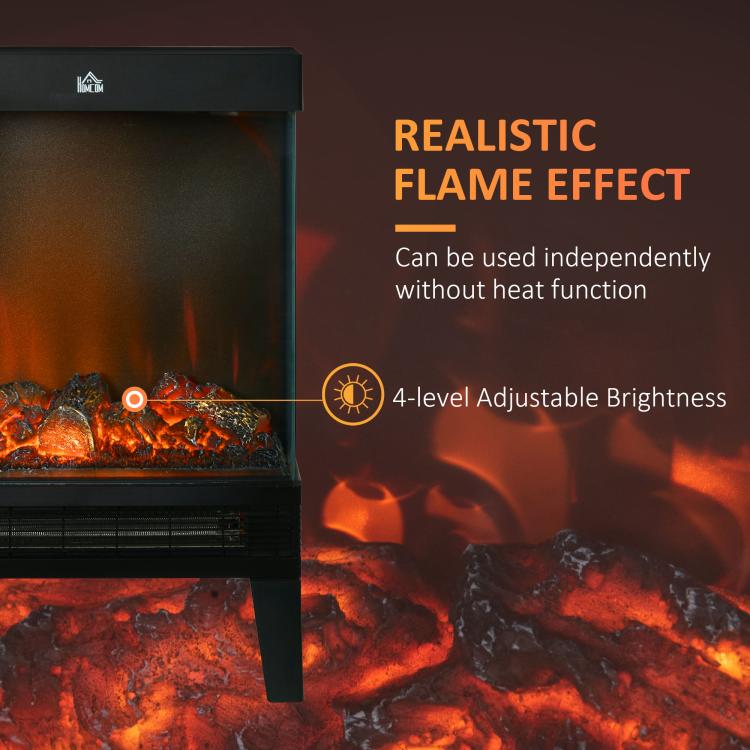 180 Degrees Charming Electric Fireplace Heater, Quiet Freestanding Stove with LED Flame Effect, 3-Sided Tempered Glass Panels, Level-less Temperature Control, Overheat Protection, 1000W/2000W, Black