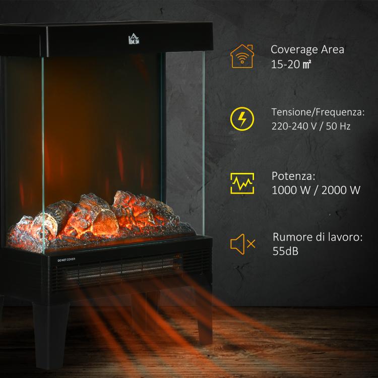 180 Degrees Charming Electric Fireplace Heater, Quiet Freestanding Stove with LED Flame Effect, 3-Sided Tempered Glass Panels, Level-less Temperature Control, Overheat Protection, 1000W/2000W, Black