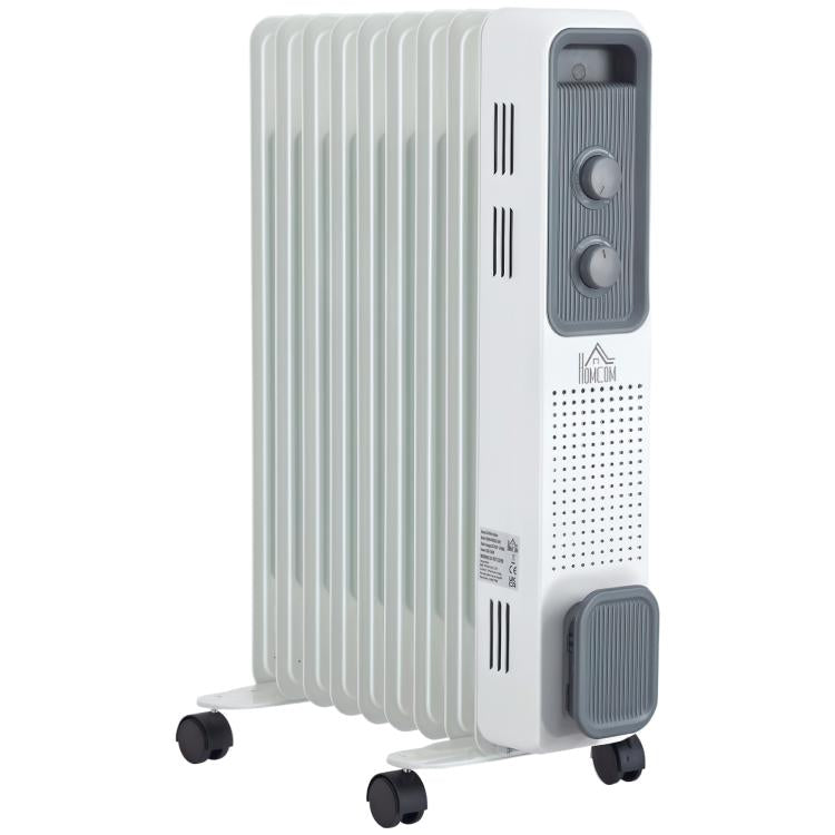 2000W Oil Filled Radiator, 9 Fin, Portable Electric Heater with 3 Heat Settings, Safety Cut-Off and Wheels, White