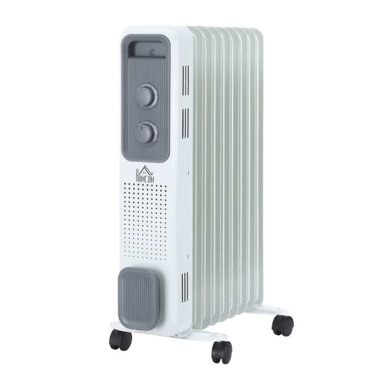2000W Oil Filled Radiator, 9 Fin, Portable Electric Heater with 3 Heat Settings, Safety Cut-Off and Wheels, White