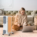 2000W Oil Filled Radiator, 9 Fin, Portable Electric Heater with 3 Heat Settings, Safety Cut-Off and Wheels, White