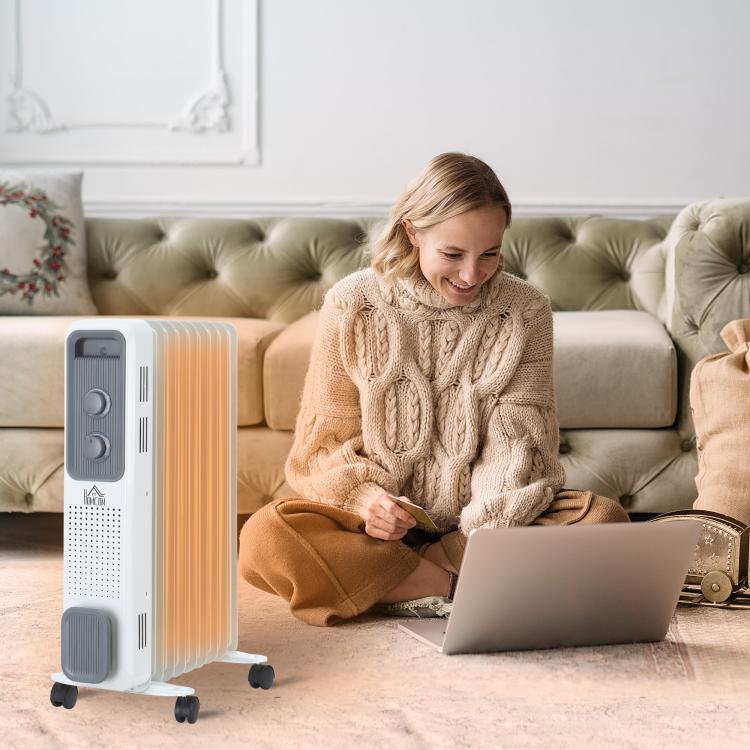 2000W Oil Filled Radiator, 9 Fin, Portable Electric Heater with 3 Heat Settings, Safety Cut-Off and Wheels, White