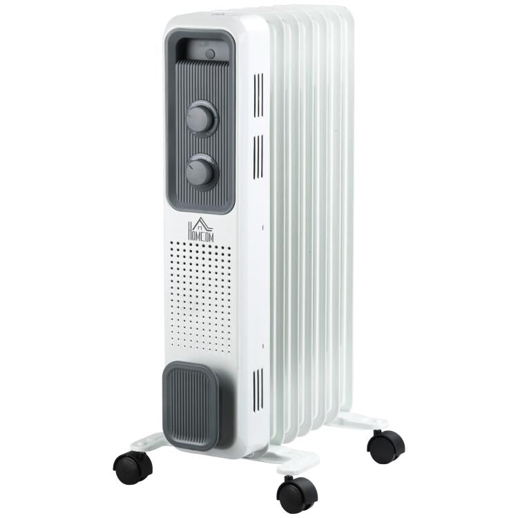 Radiatore a olio da 1500 W, termosifone elettrico portatile con 3 livelli di potenza, spegnimento di sicurezza e ruote, bianco
