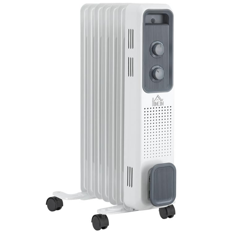 Radiatore a olio da 1500 W, termosifone elettrico portatile con 3 livelli di potenza, spegnimento di sicurezza e ruote, bianco