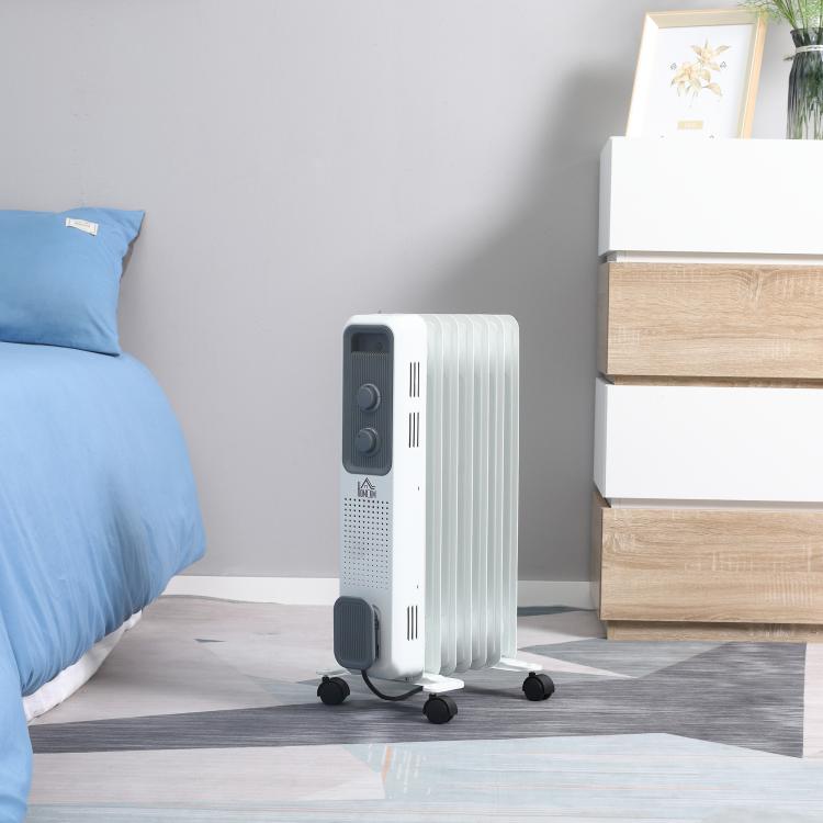 Radiatore a olio da 1500 W, termosifone elettrico portatile con 3 livelli di potenza, spegnimento di sicurezza e ruote, bianco