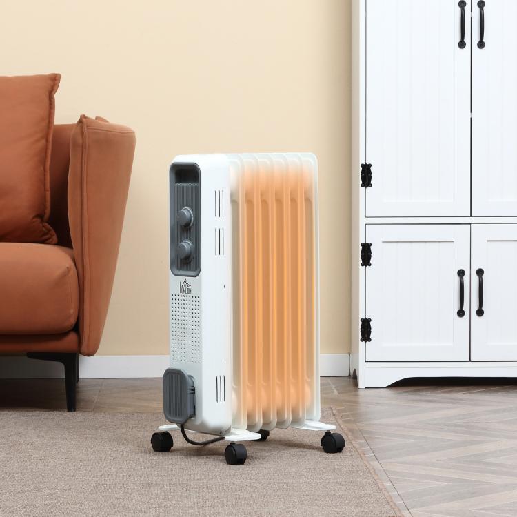Radiatore a olio da 1500 W, termosifone elettrico portatile con 3 livelli di potenza, spegnimento di sicurezza e ruote, bianco