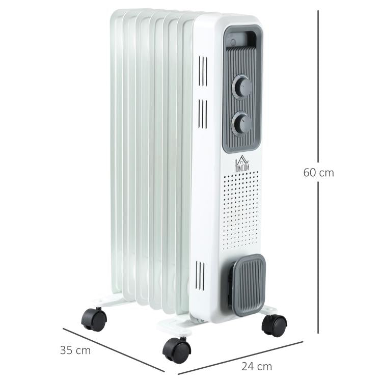 Radiatore a olio da 1500 W, termosifone elettrico portatile con 3 livelli di potenza, spegnimento di sicurezza e ruote, bianco