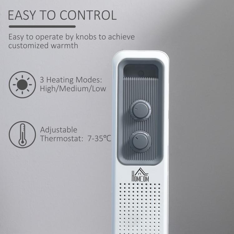 Radiatore a olio da 1500 W, termosifone elettrico portatile con 3 livelli di potenza, spegnimento di sicurezza e ruote, bianco