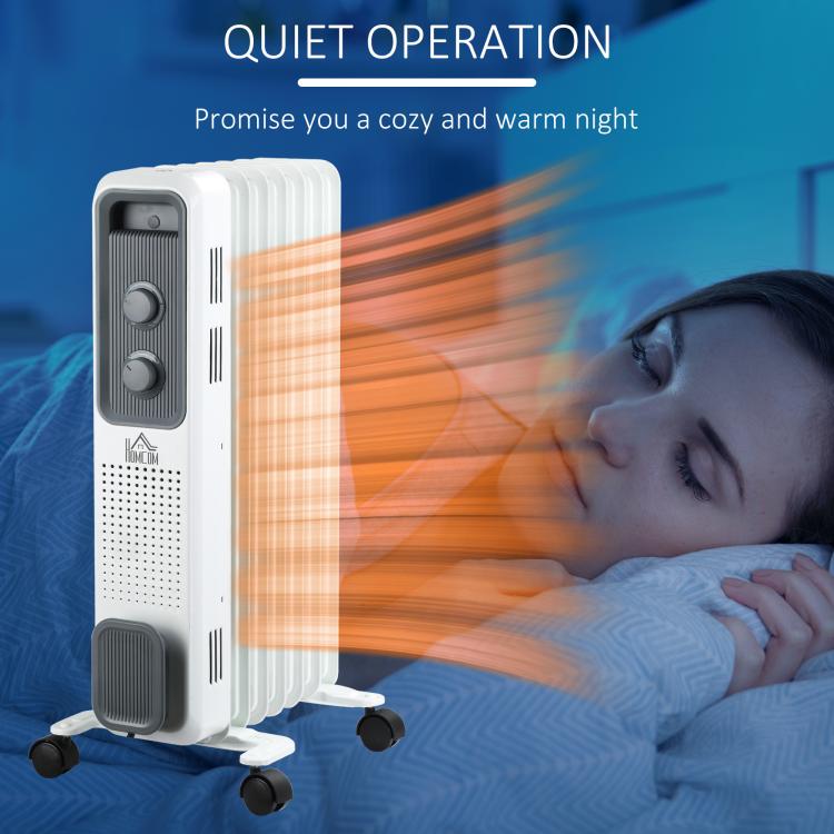 Radiatore a olio da 1500 W, termosifone elettrico portatile con 3 livelli di potenza, spegnimento di sicurezza e ruote, bianco