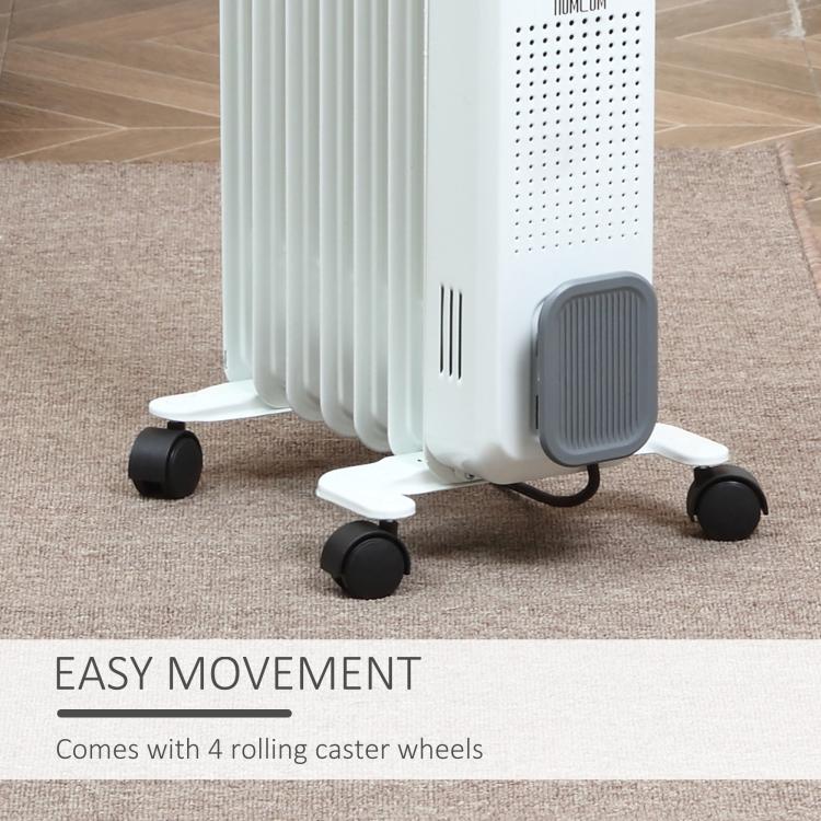 Radiatore a olio da 1500 W, termosifone elettrico portatile con 3 livelli di potenza, spegnimento di sicurezza e ruote, bianco
