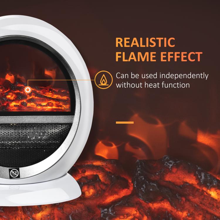 Freestanding Electric Fireplace Indoor Space Table Top Heater with Realistic Flame Effect, Rotatable Head, Overheating Protection, 1500W, White