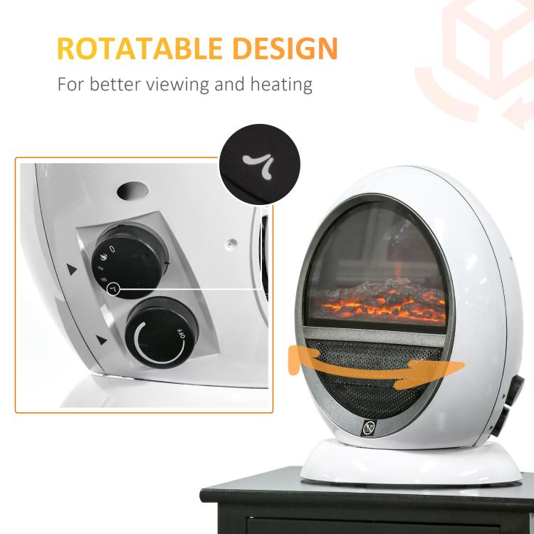Freestanding Electric Fireplace Indoor Space Table Top Heater with Realistic Flame Effect, Rotatable Head, Overheating Protection, 1500W, White