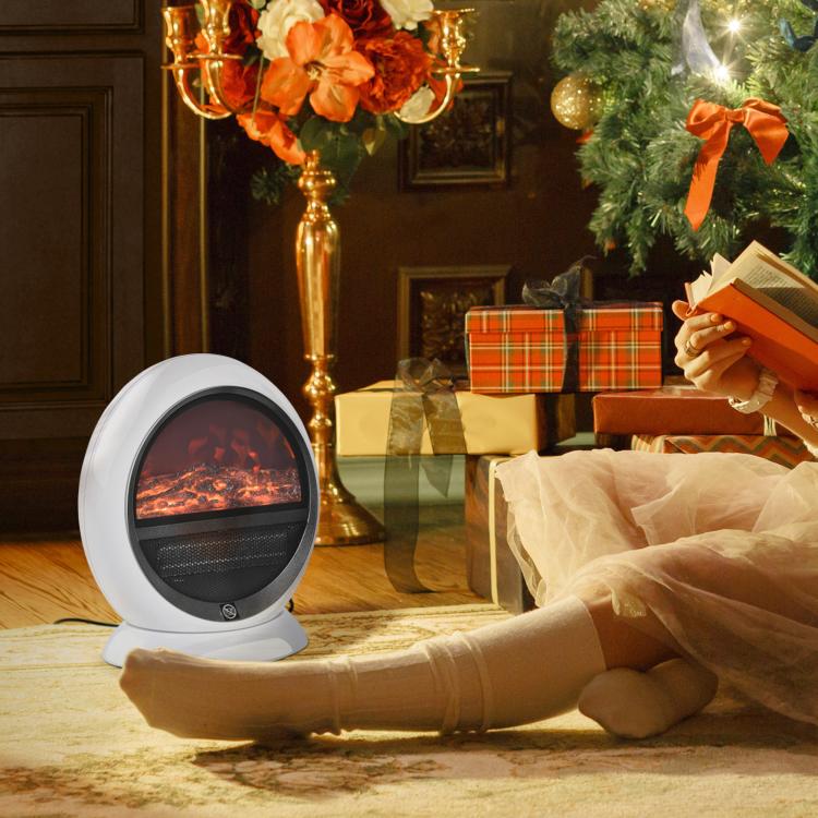 Freestanding Electric Fireplace Indoor Space Table Top Heater with Realistic Flame Effect, Rotatable Head, Overheating Protection, 1500W, White