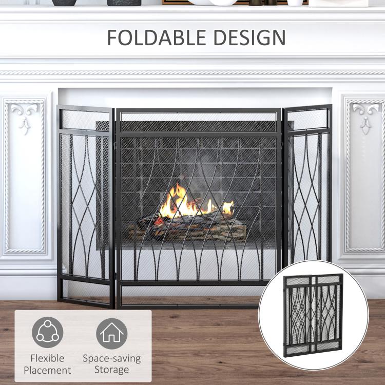 126cm 3-Panel Metal Folding Fireplace Screen Heat Flame Protective Guard Child Pet Home Spark Barrier Surround w/ Mesh Pattern