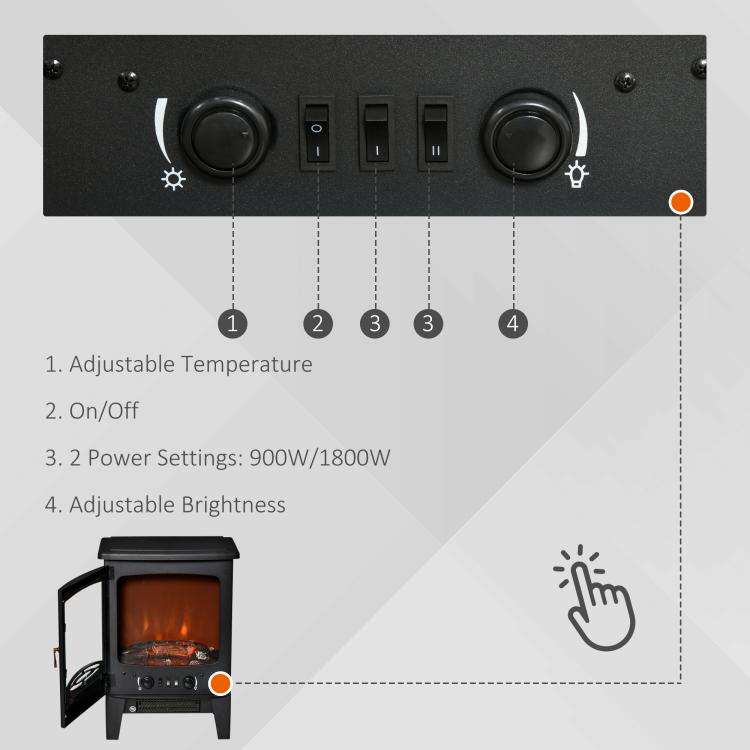 Electric Fireplace Stove, Free standing Fireplace Heater with Realistic LED Flame Effect, Overheat Safety Protection, 900W/1800W, Black