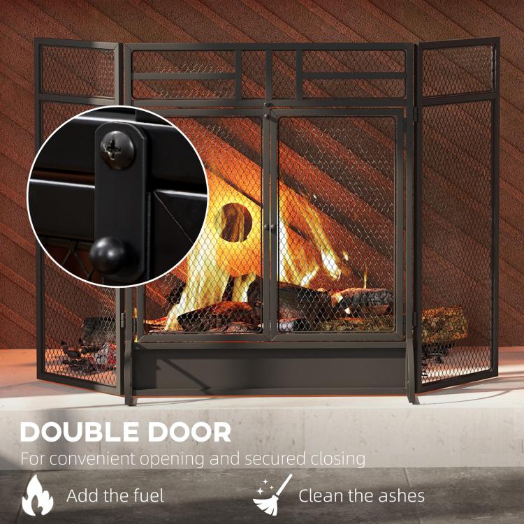 3-Panel Folding Fireplace Screen with Door, Freestanding Spark Guard, Metal Mesh Fireguard, Black