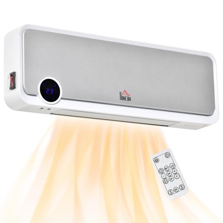 Wall Downflow Heater 2 Heat and Fan 1000W/2000W, Electric Space Heater with Timer Remote Oscillating, for Bedroom Home Office, White and Silver