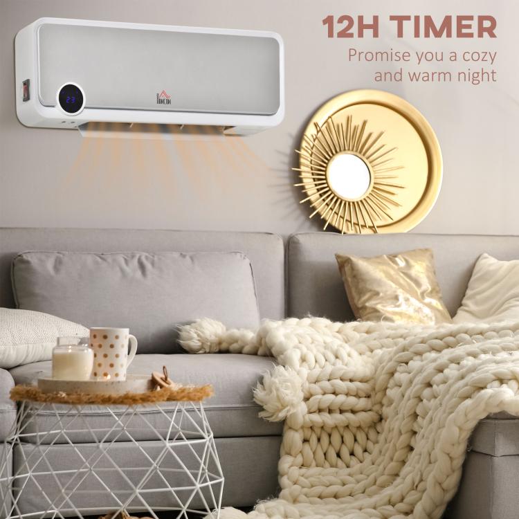 Wall Downflow Heater 2 Heat and Fan 1000W/2000W, Electric Space Heater with Timer Remote Oscillating, for Bedroom Home Office, White and Silver