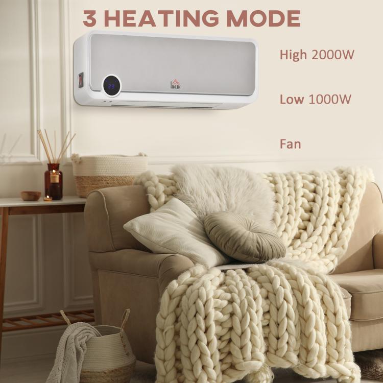 Wall Downflow Heater 2 Heat and Fan 1000W/2000W, Electric Space Heater with Timer Remote Oscillating, for Bedroom Home Office, White and Silver