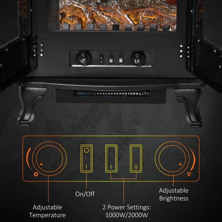 Electric Fireplace Stove Heater with LED Fire Flame Effect, Double Door, Freestanding & Portable with Overheat Protection, 1000W/2000W, Black