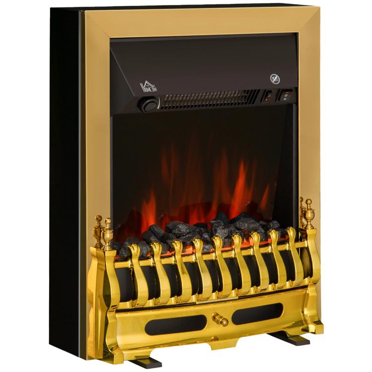 Contemporary Electric Fireplace Coal Burning Flame Effect Inset Fire Place Space Heater Glass View LED Lighting, 1000W/2000W, Golden