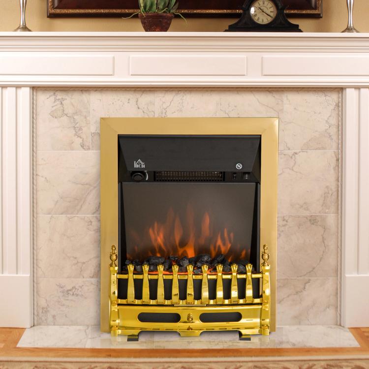 Contemporary Electric Fireplace Coal Burning Flame Effect Inset Fire Place Space Heater Glass View LED Lighting, 1000W/2000W, Golden