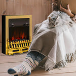 Contemporary Electric Fireplace Coal Burning Flame Effect Inset Fire Place Space Heater Glass View LED Lighting, 1000W/2000W, Golden