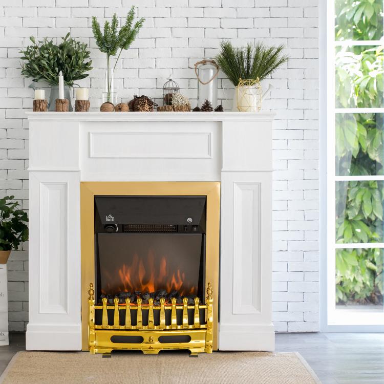 Contemporary Electric Fireplace Coal Burning Flame Effect Inset Fire Place Space Heater Glass View LED Lighting, 1000W/2000W, Golden