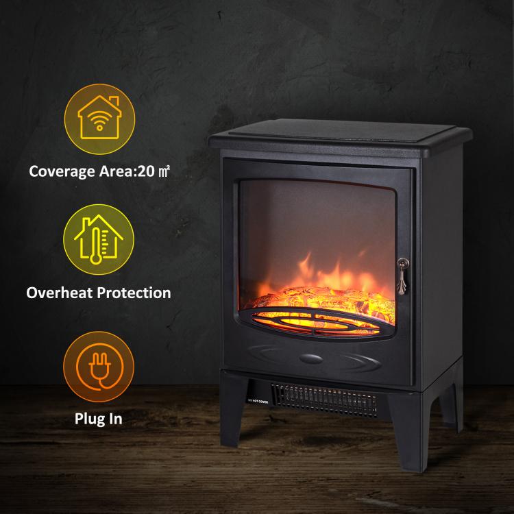 Tempered Glass Casing Electric Fireplace, Freestanding Electric Fire with Realistic Flame Effect, Log Burner with Overheat Protection, 950w/ 1850W, Black