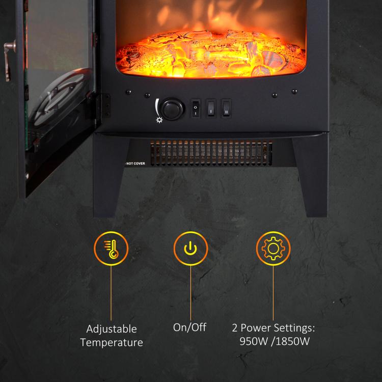 Tempered Glass Casing Electric Fireplace, Freestanding Electric Fire with Realistic Flame Effect, Log Burner with Overheat Protection, 950w/ 1850W, Black