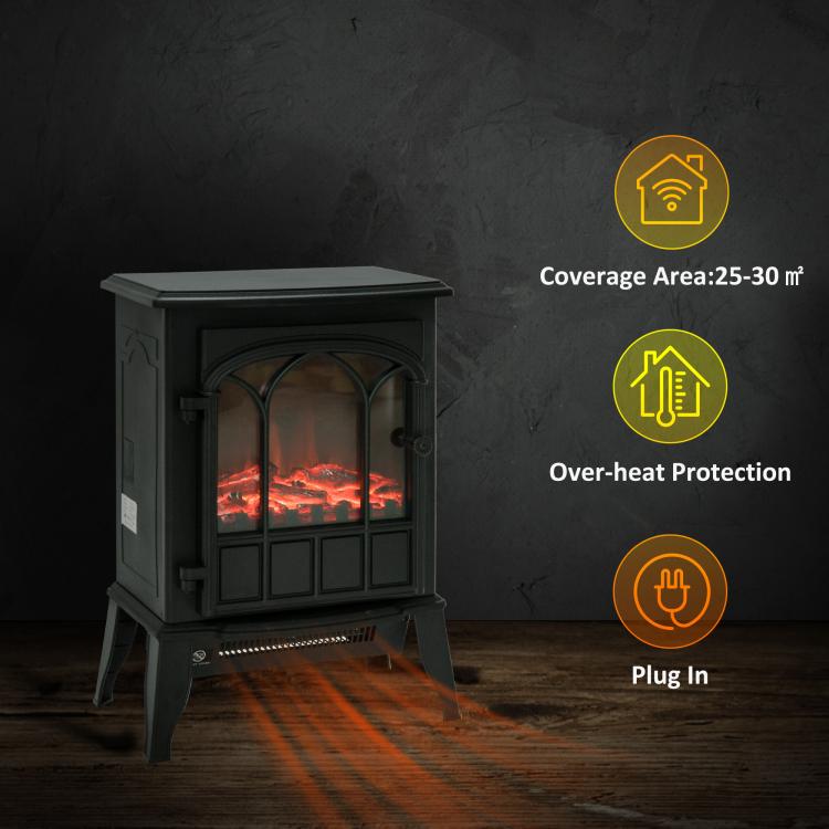 Freestanding Electric Fireplace, Electric Stove Heater with LED Flame Effect, Overheating Safety System, 1000W/2000W Black