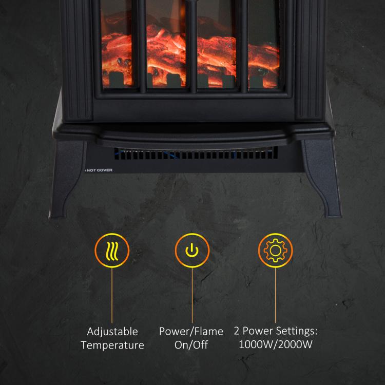1000W/2000W Freestanding Electrical Fireplace Indoor Heater Stove Log Wood LED Burning Effect Flame with Thermostat Control Black