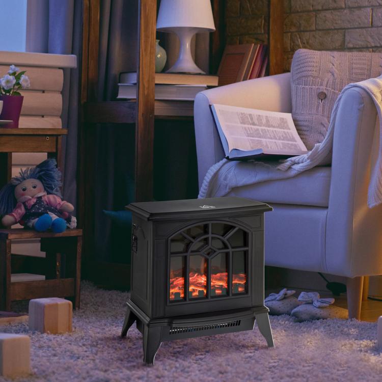1000W/2000W Freestanding Electrical Fireplace Indoor Heater Stove Log Wood LED Burning Effect Flame with Thermostat Control Black
