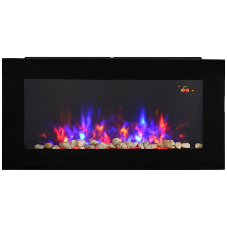 LED Wall Mounted Fireplace Curved Glass Electric Fire Place for Living Room, 1000W/2000W, 48H x 90.8W x 11.5Dcm, Black