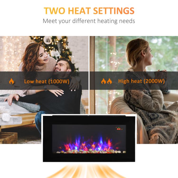LED Wall Mounted Fireplace Curved Glass Electric Fire Place for Living Room, 1000W/2000W, 48H x 90.8W x 11.5Dcm, Black