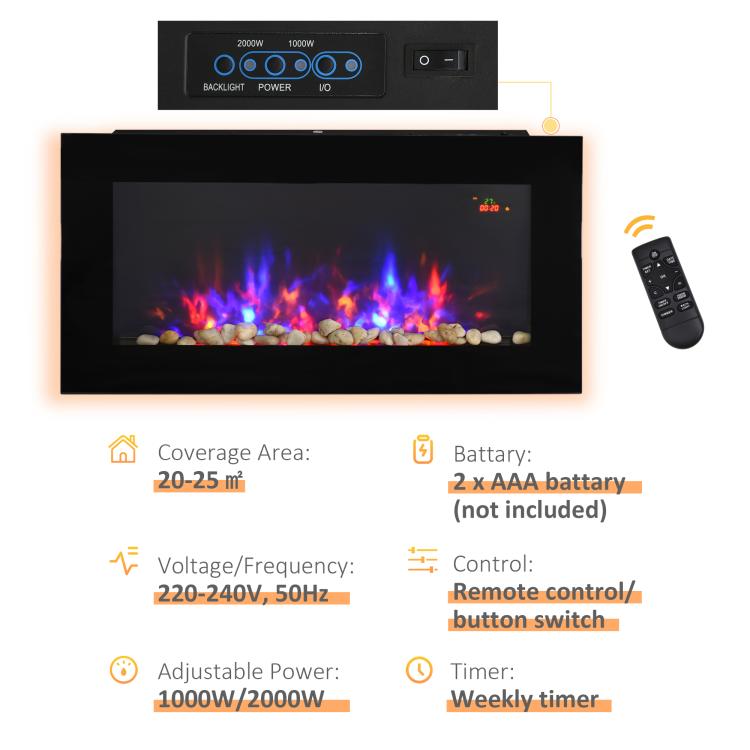 LED Wall Mounted Fireplace Curved Glass Electric Fire Place for Living Room, 1000W/2000W, 48H x 90.8W x 11.5Dcm, Black