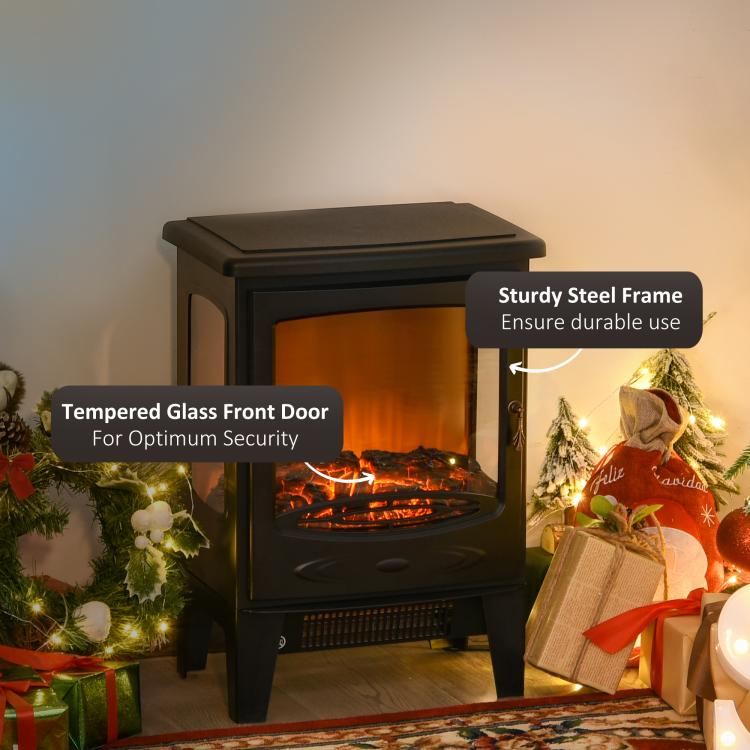 900W/1800W Freestanding Electric Fireplace Room Heater w/ Adjustable Artificial Flame Tempered Glass Safe Home Warmth Retro Faux Fire