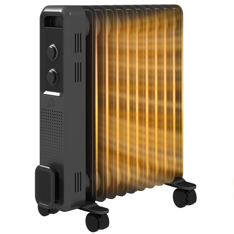 2500W Oil Filled Radiator, 11 Fin, Portable Electric Heater with 3 Heat Settings, Safety Cut-Off and Wheels, Grey