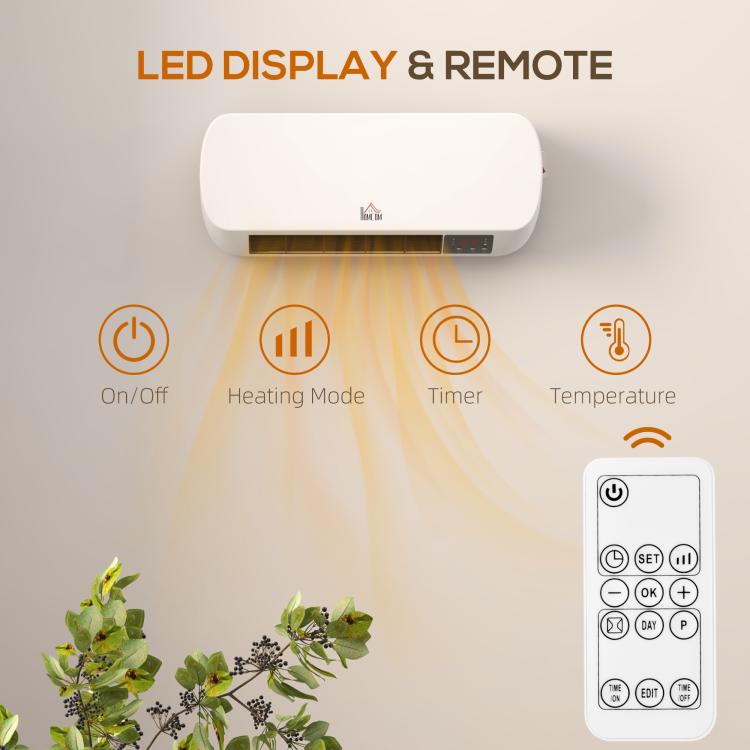 2000W Wall Mounted Ceramic Space Heater, 10-49 DegreesC Temperature, White