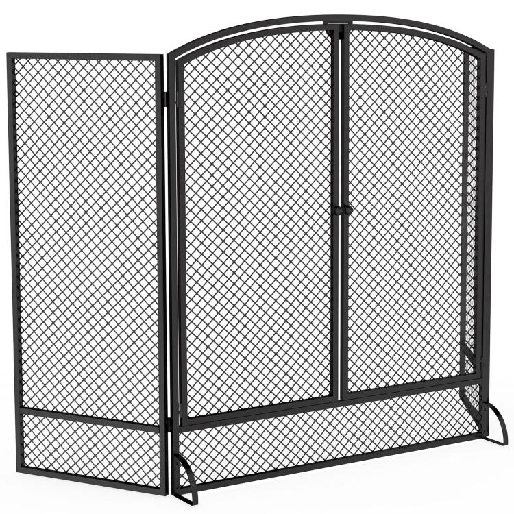 3-Panel Folding Fireplace Screen, 122x75 cm, Black
