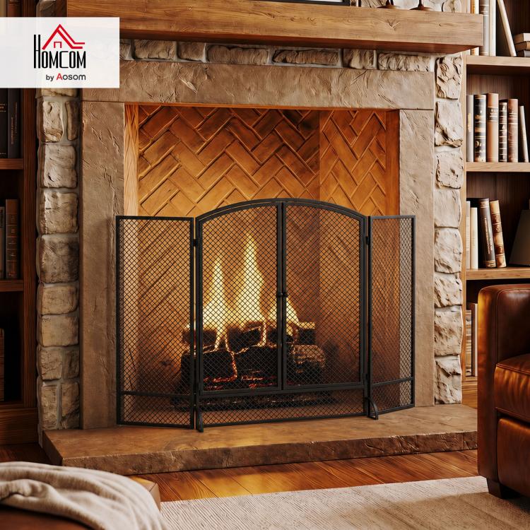 3-Panel Folding Fireplace Screen, 122x75 cm, Black