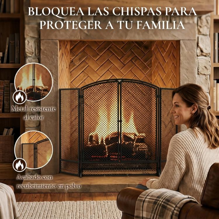 3-Panel Folding Fireplace Screen, 122x75 cm, Black